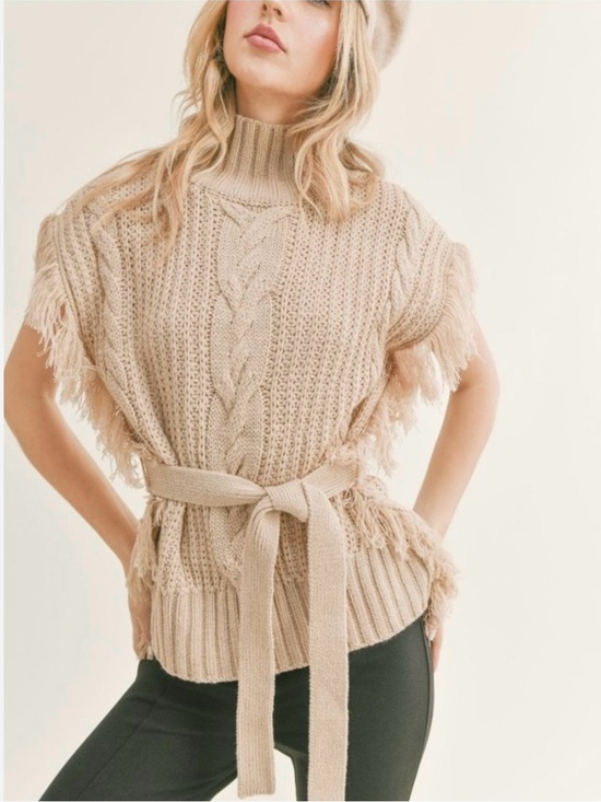 Sage Sweaters - SAGE THE LABEL Fringed Cable-Knit Turtleneck Sweater in Ivory/Cream - SIZE M